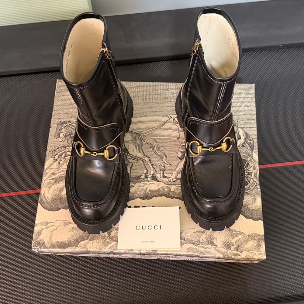 Gucci Black Combat Boots with Gold Bee Embellishment